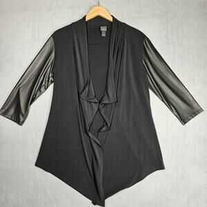 Clara Sun Woo Cardigan Womens Large Black Faux Leather 3/4 Sleeve Draped Office